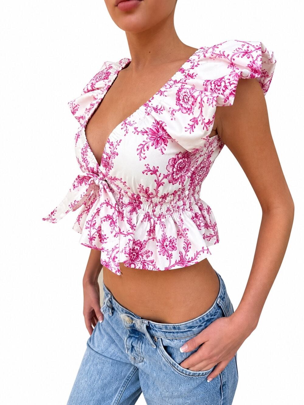 Meet Me In Santorini Pink White Floral Ruffle Peplum Tie Front Crop Top